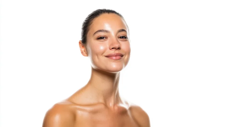 Young woman smiling with bare shoulders and glowing skin against white background