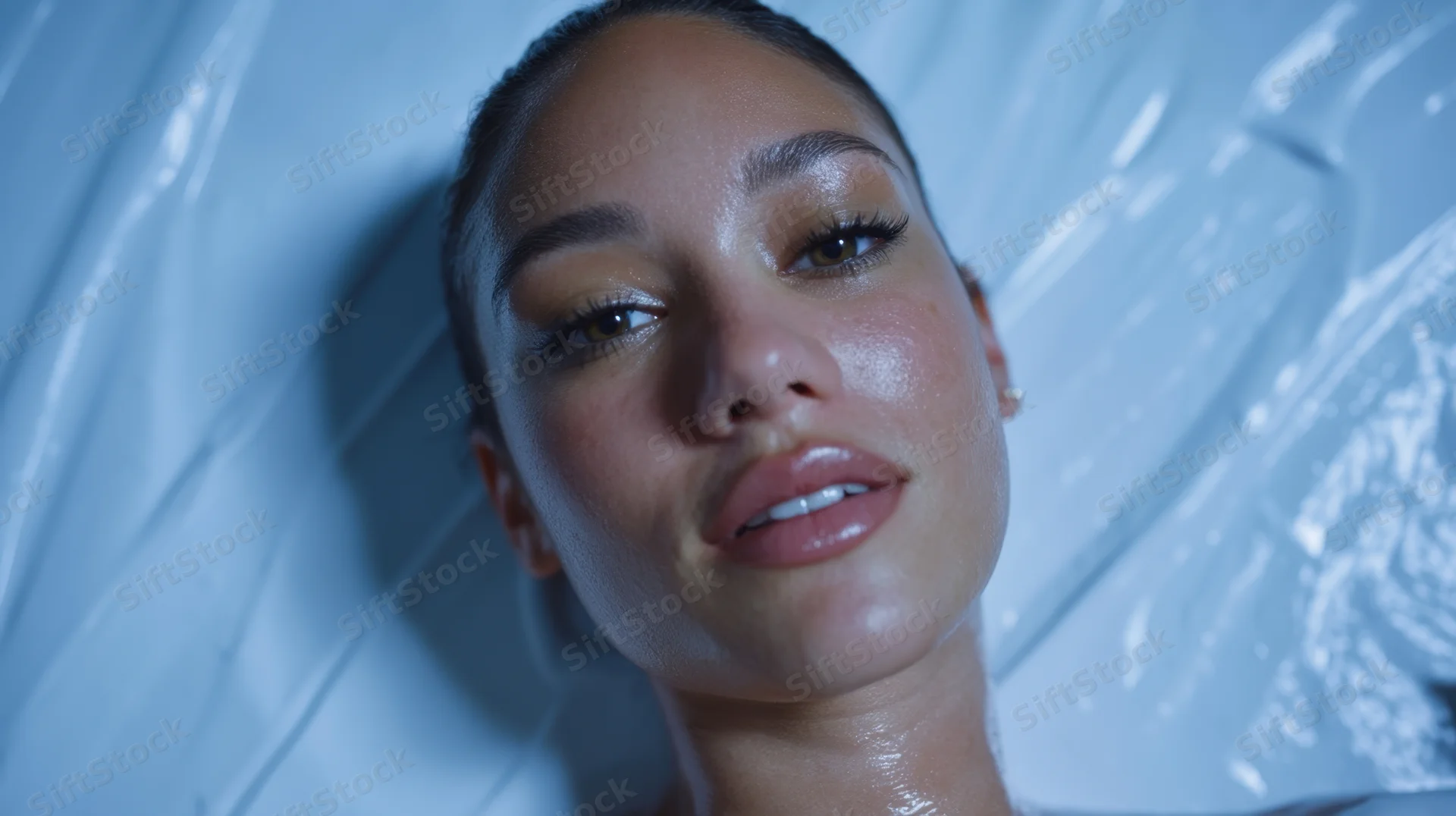 Young woman lying down with wet skin and blue lighting in a spa treatment setting