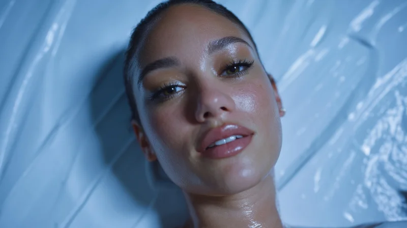 Young woman lying down with wet skin and blue lighting in a spa treatment setting