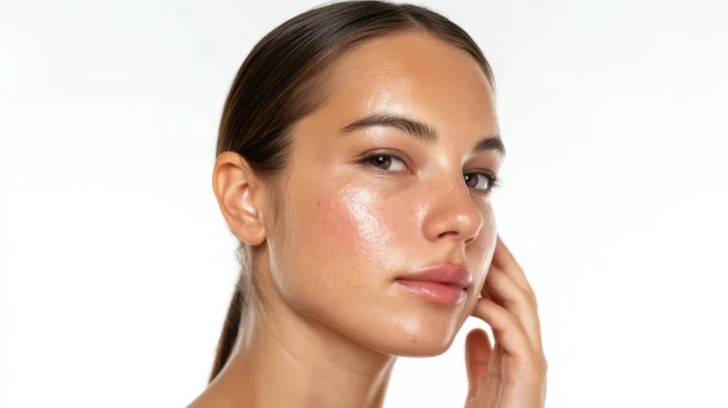 Young woman with clear glowing skin touching her face in studio portrait