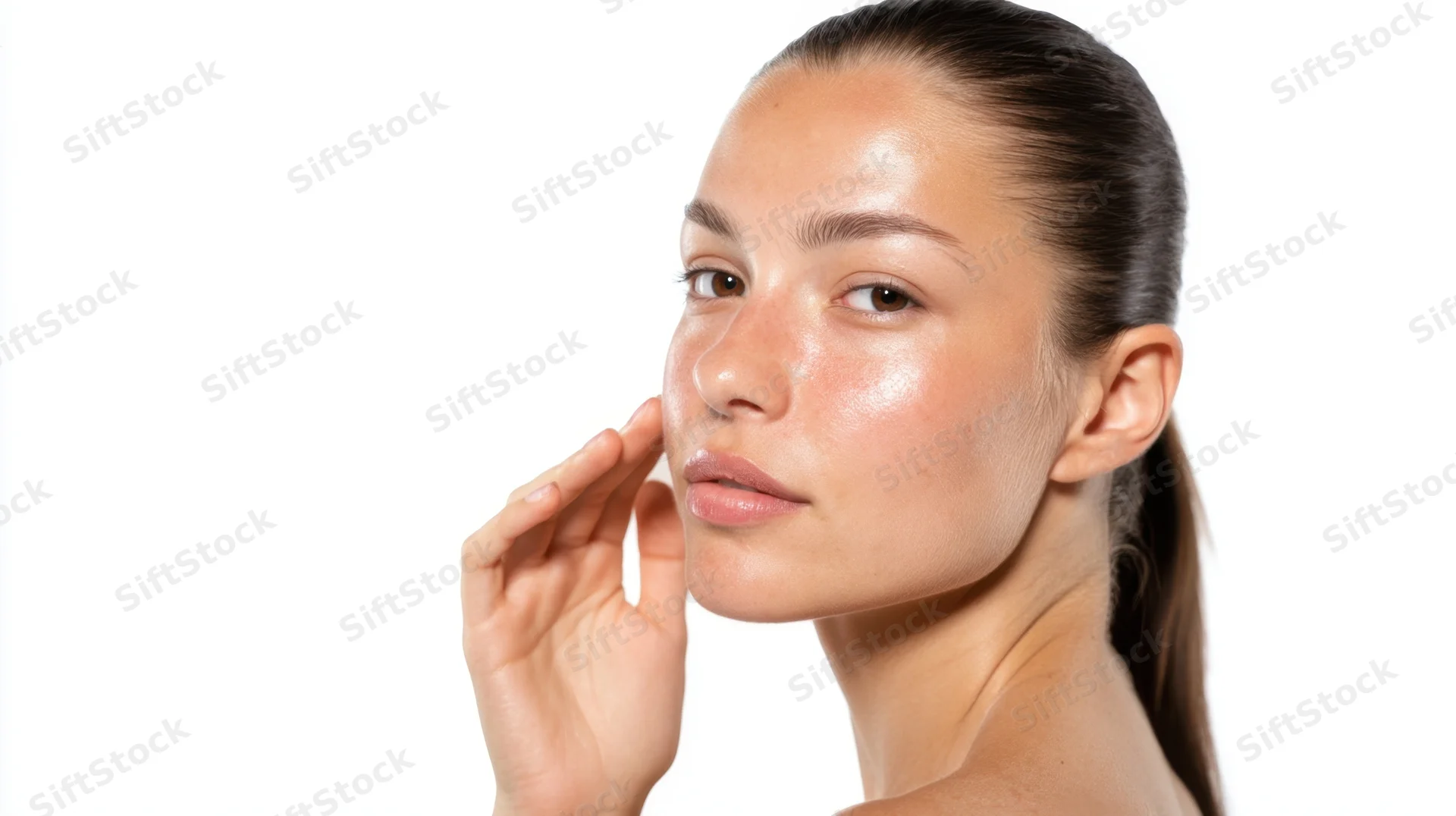 Young woman touching her cheek with hand against white background