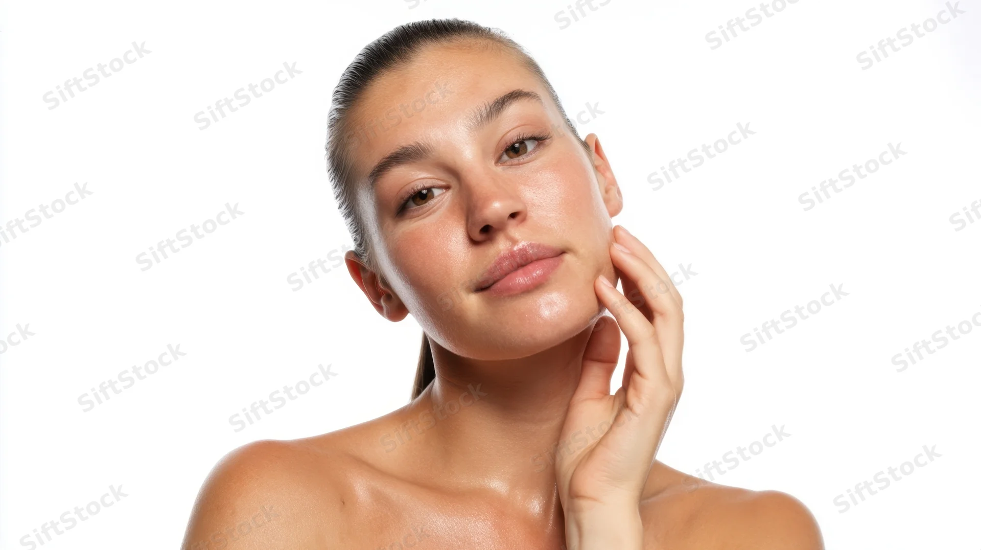 Young woman touching her face with hand, isolated on white background