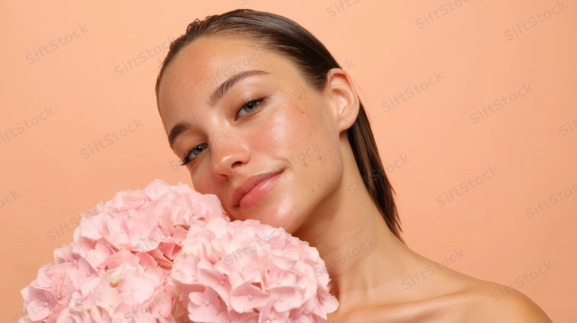 Young woman holding pink hydrangeas close to her face against a soft peach background