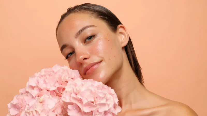 Young woman holding pink hydrangeas close to her face against a soft peach background