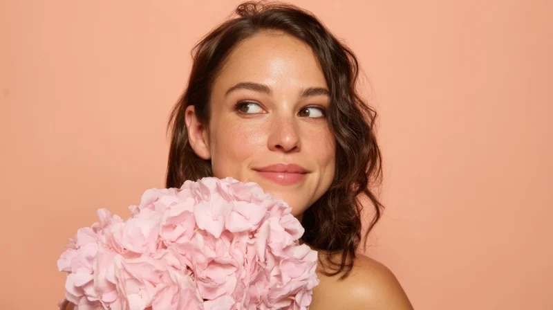 Young woman smiling with a pink floral bouquet in a studio setting
