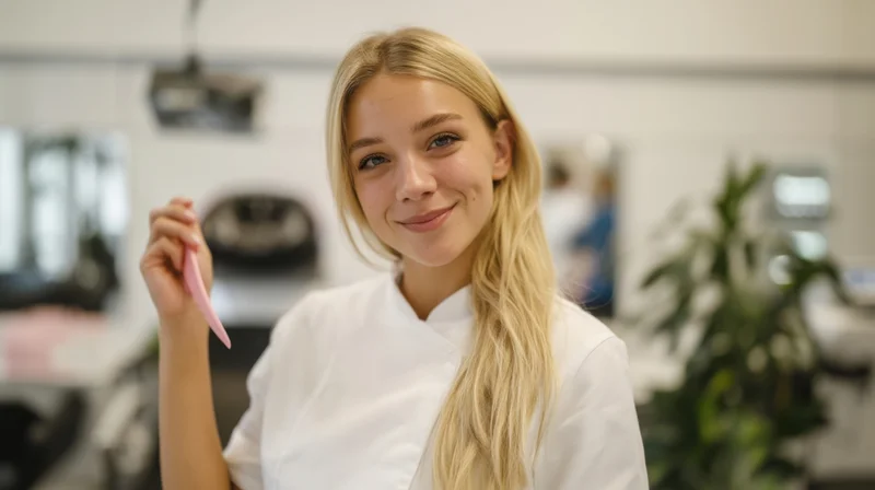 Young blonde woman smiling while holding a pink comb in a modern salon interior