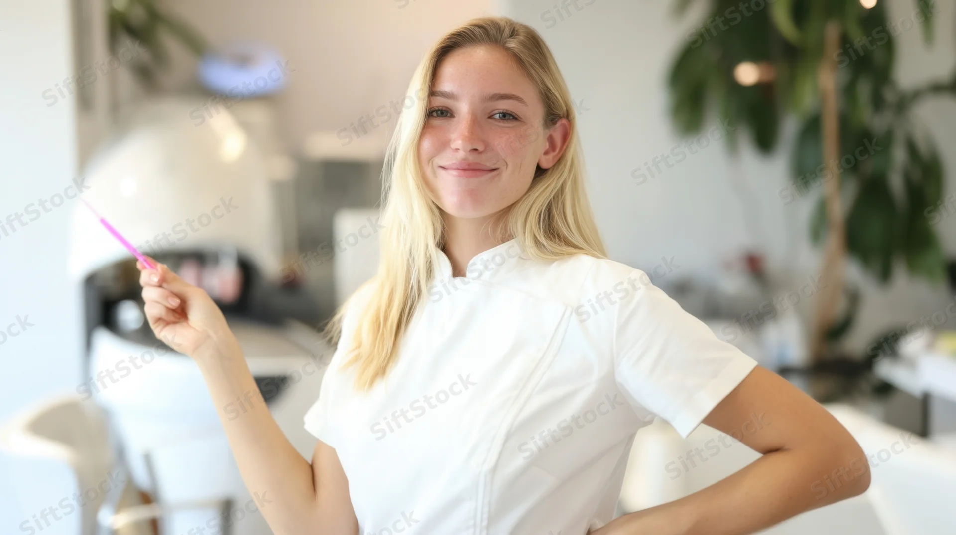 Young blonde woman in white chef uniform smiling with pink pen in kitchen