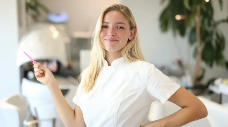Young blonde woman in white chef uniform smiling with pink pen in kitchen