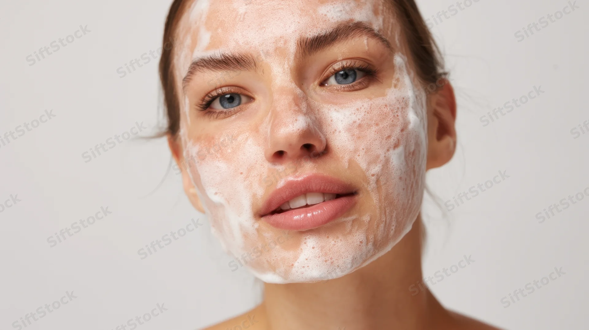 Young woman with facial cleanser foam on her face against white background