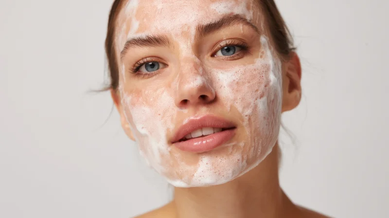 Young woman with facial cleanser foam on her face against white background