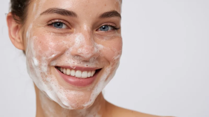 Young woman smiling with cleanser foam on her face against white background