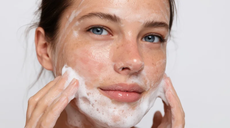 Young woman applying foamy cleanser to her face against white background