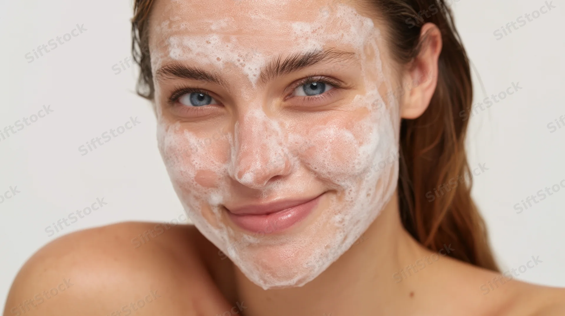 Young woman with foaming cleanser on face smiling at camera