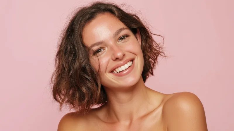 Young woman smiling with curly brown hair against pink background