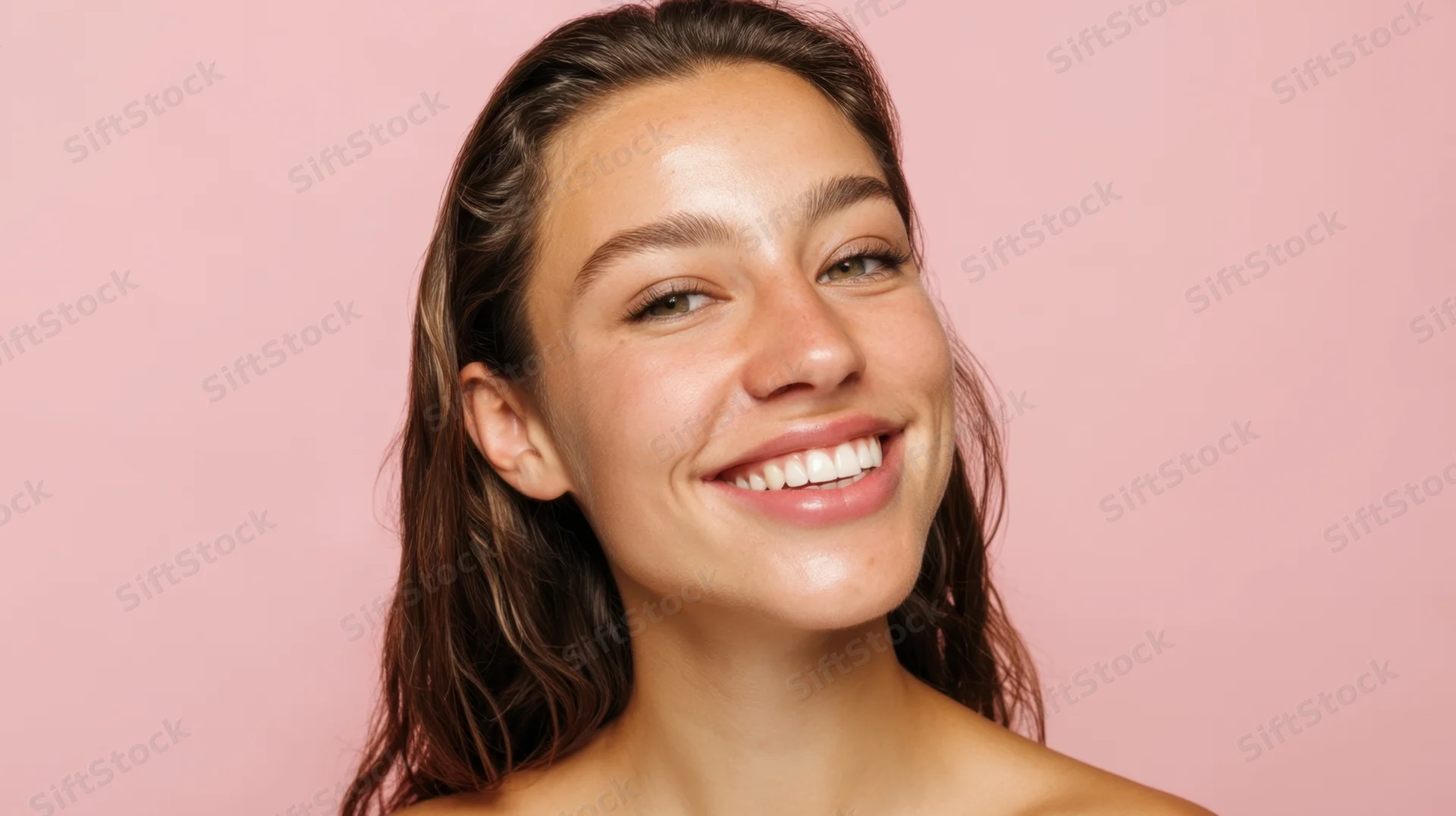 Young woman smiling with clear skin against pink background