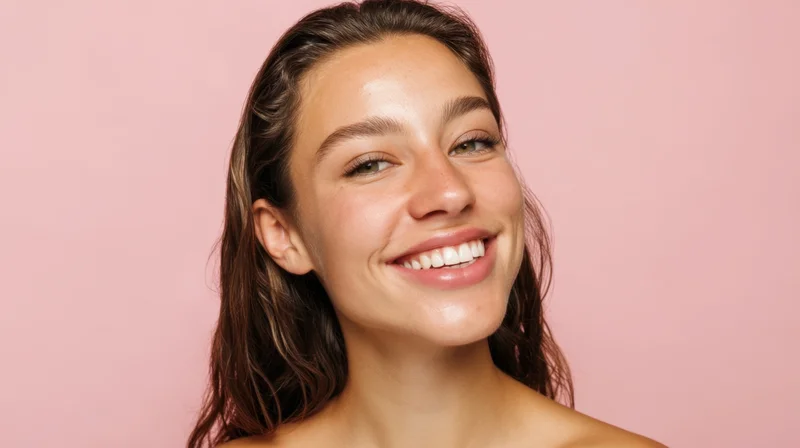 Young woman smiling with clear skin against pink background