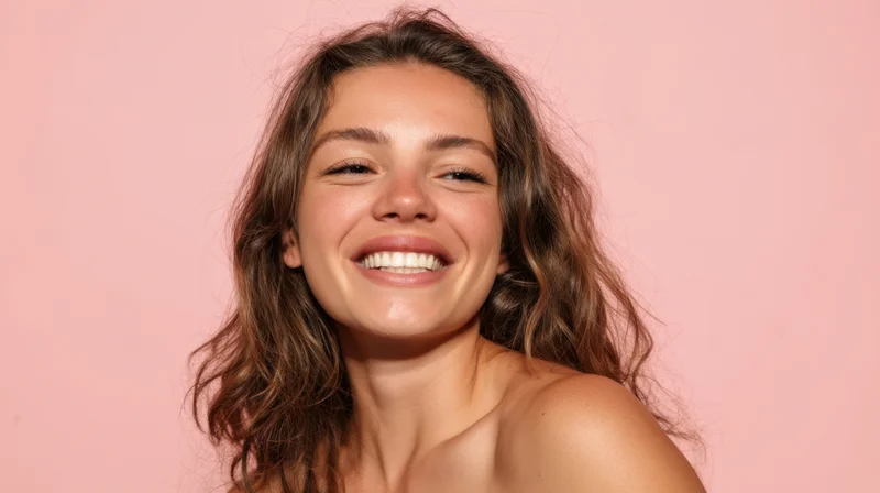 Young woman smiling with curly hair against pink background