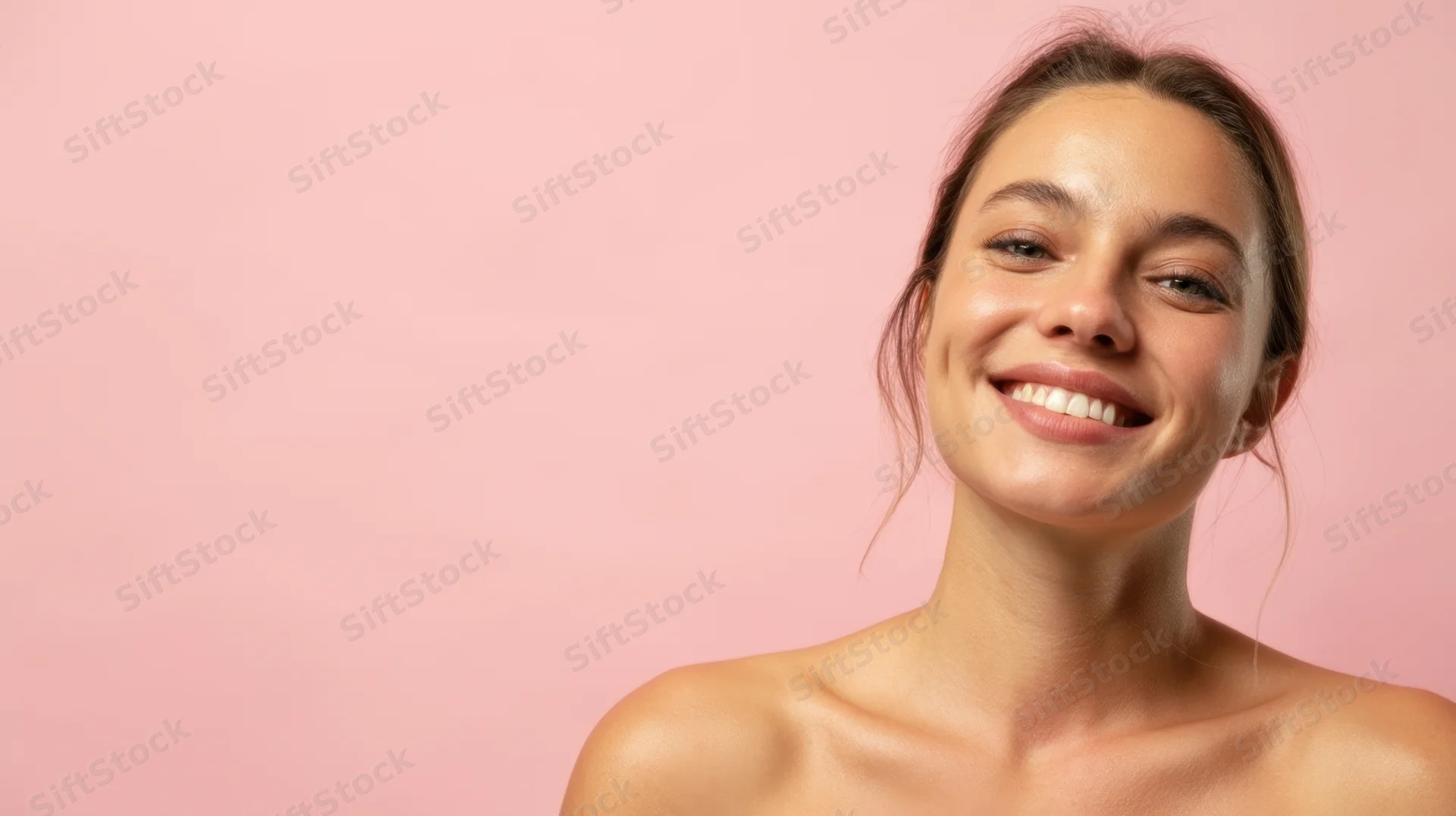 Young woman smiling with bare shoulders against pink background