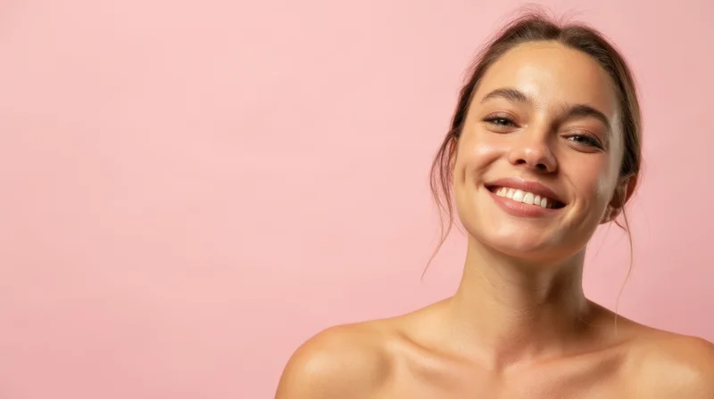 Young woman smiling with bare shoulders against pink background