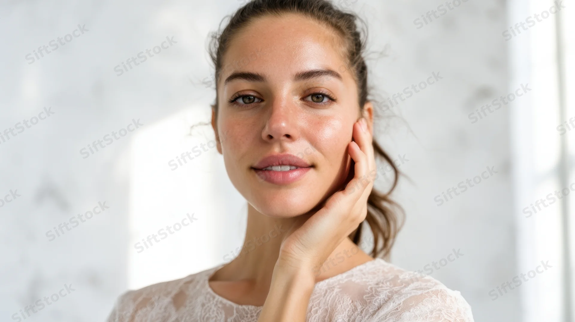 Young woman smiling softly with hand on cheek in a bright indoor setting