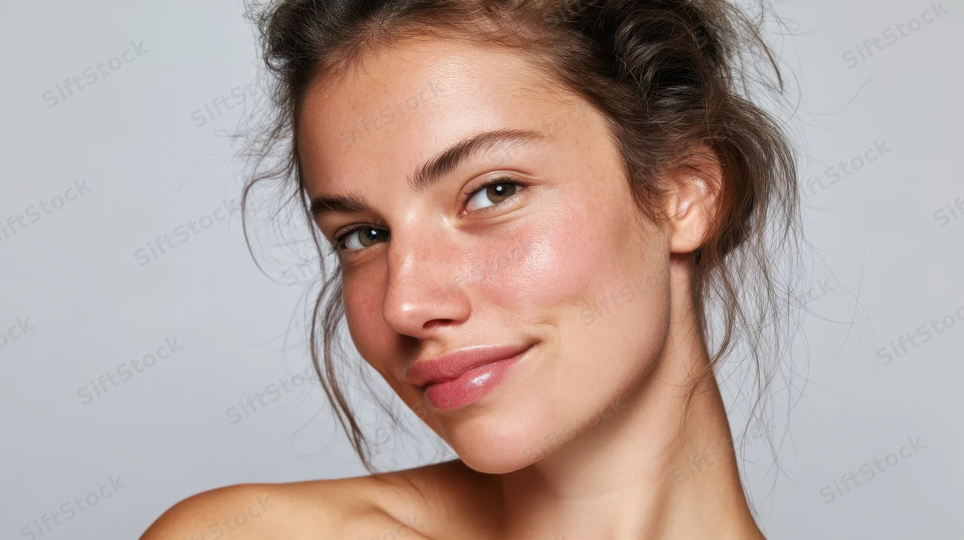 Young woman with glowing skin smiling softly in studio portrait