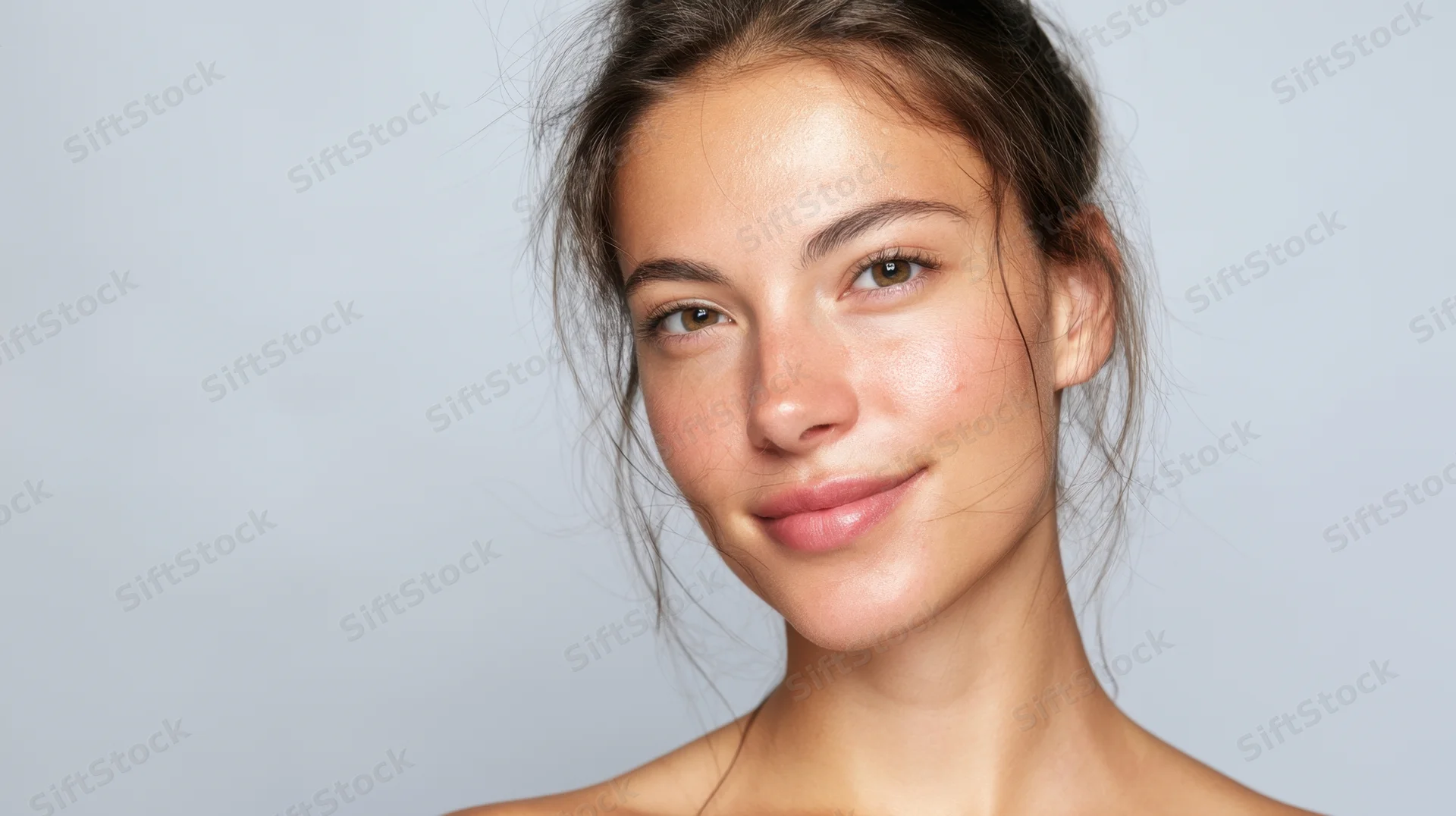 Young woman with natural glowing skin smiling softly in studio portrait