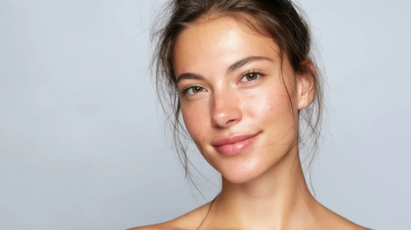 Young woman with natural glowing skin smiling softly in studio portrait