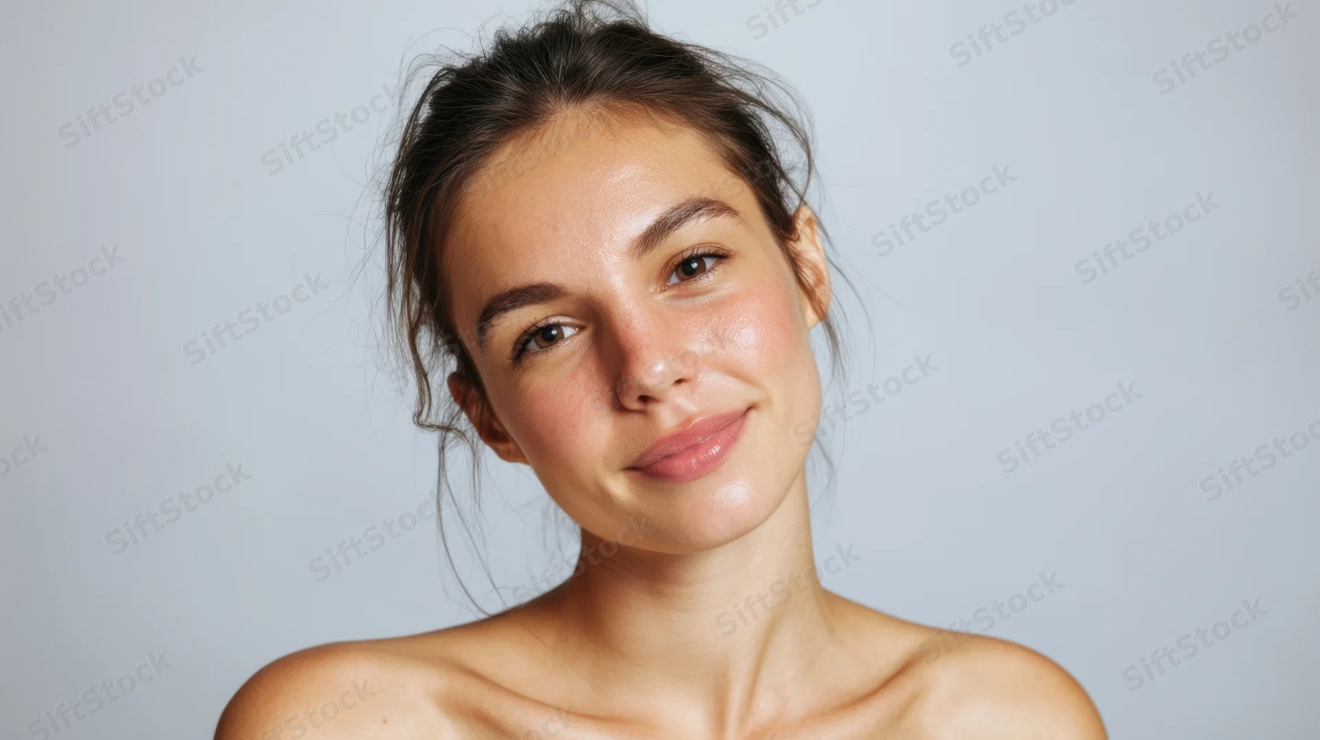 Young woman smiling with natural glowing skin in studio portrait