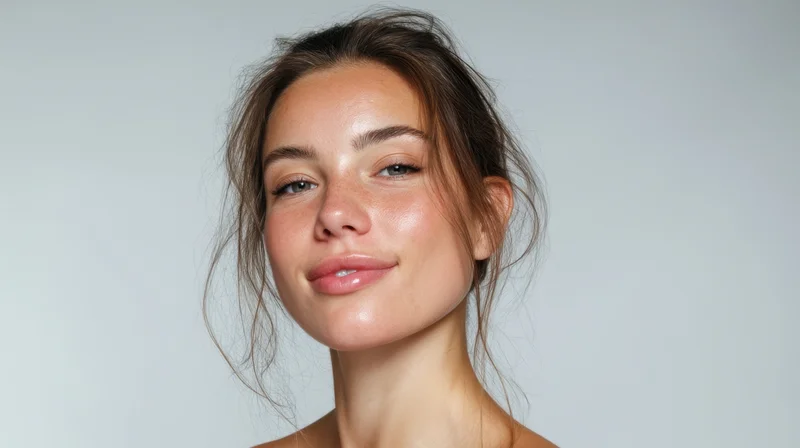 Young woman with natural glowing skin in studio portrait