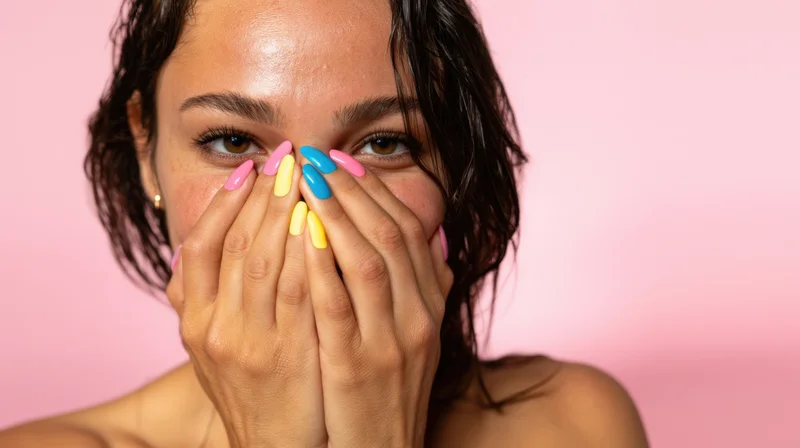 Young woman with colorful manicure covering her face against pink background