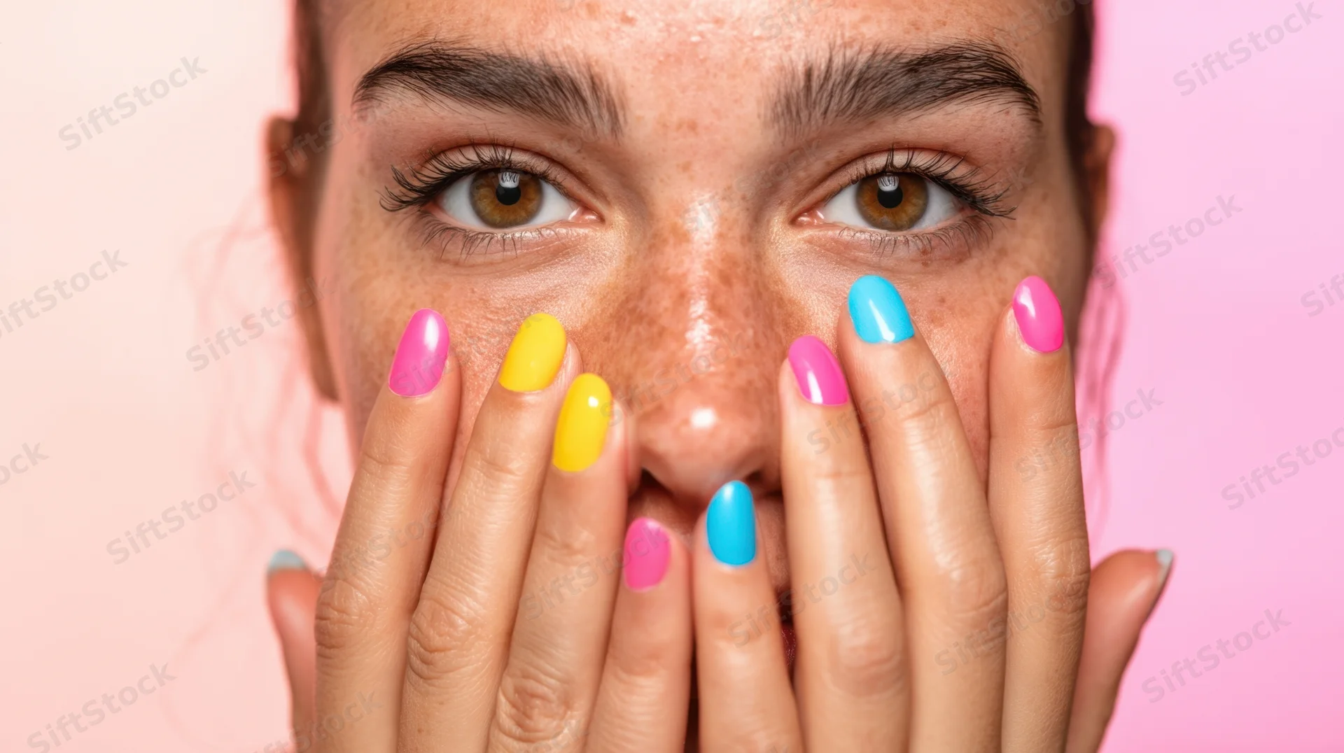 Young woman with colorful manicured nails covering her mouth against pink background