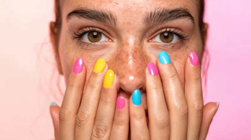 Young woman with colorful manicured nails covering her mouth against pink background
