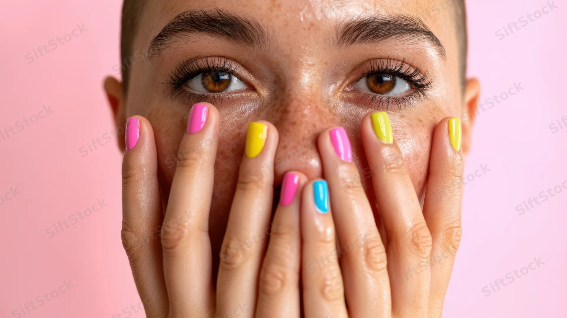 Young woman with colorful nail polish covering her face, studio portrait against pink background