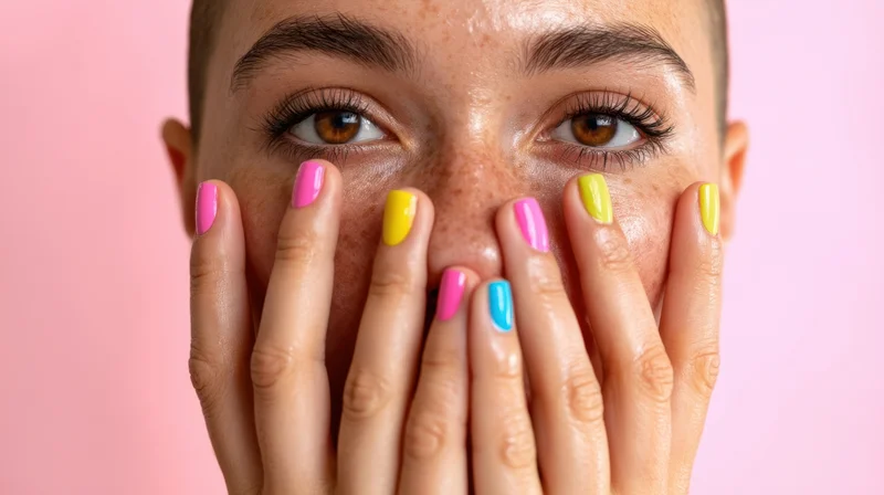 Young woman with colorful nail polish covering her face, studio portrait against pink background