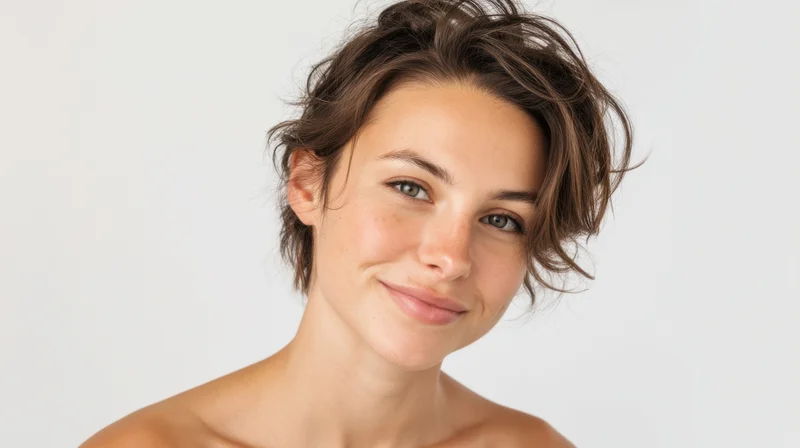 Young woman smiling in closeup portrait against white background