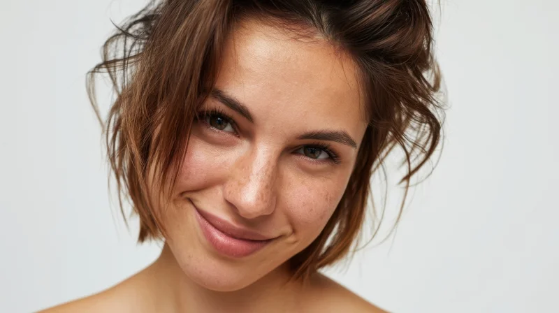 Young woman smiling with short wavy brown hair in studio portrait