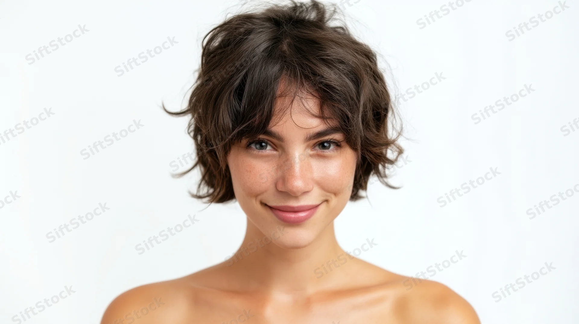 Young woman with short curly brown hair smiling in studio portrait against white background