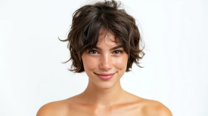 Young woman with short curly brown hair smiling in studio portrait against white background