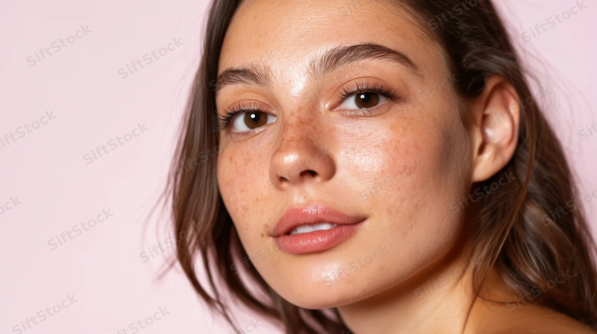 Young woman with freckles and glowing skin in closeup portrait against pink background