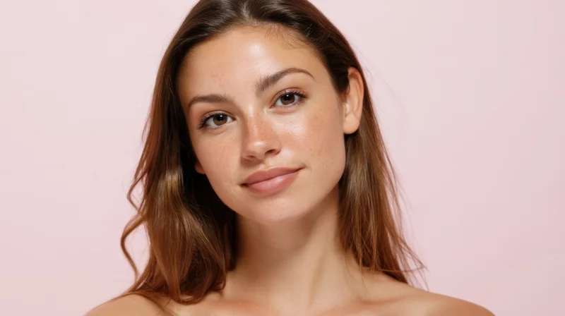 Young woman with natural skin and freckles smiling softly in studio portrait