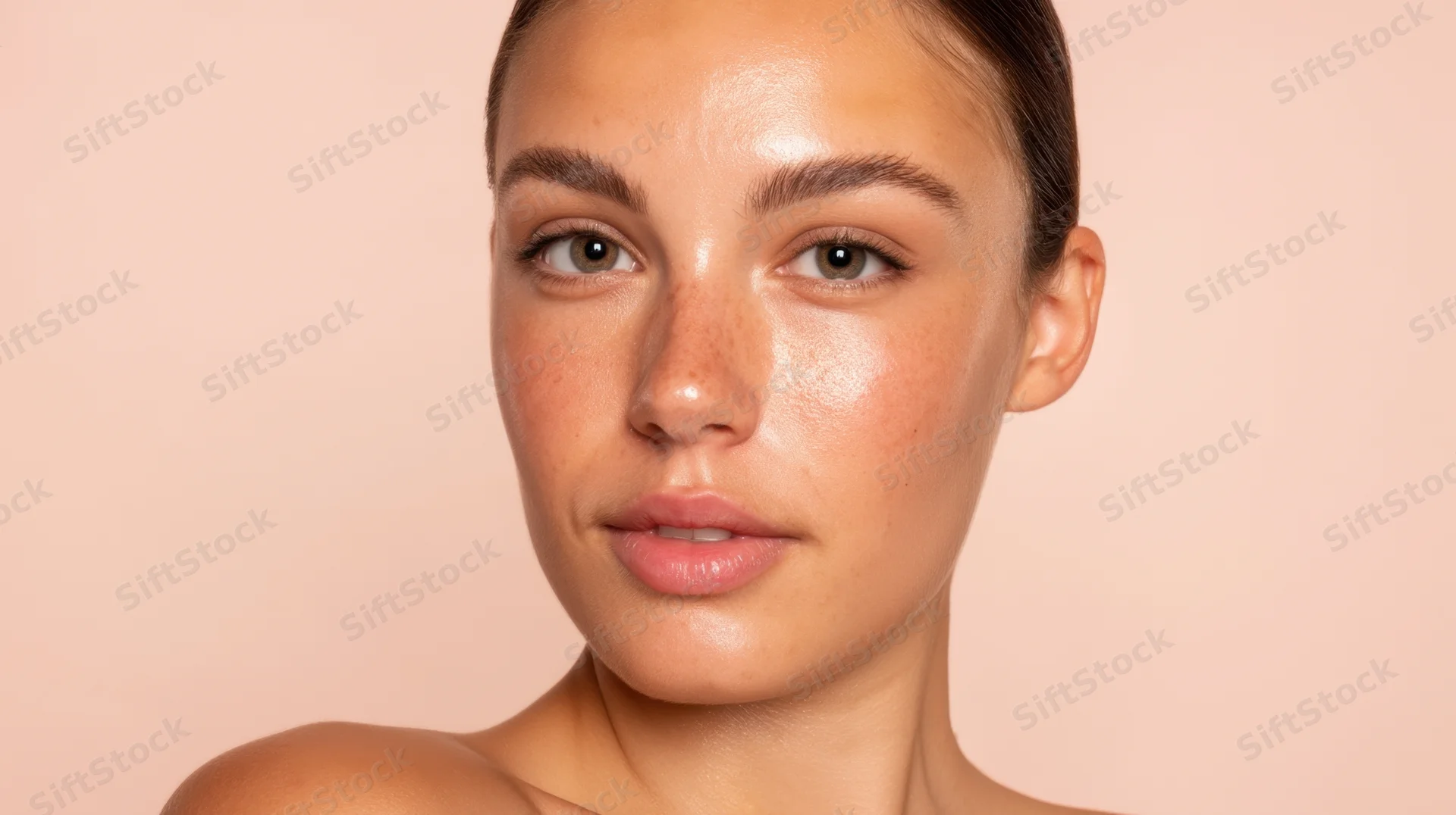 Young woman with clear glowing skin in studio portrait against pink background