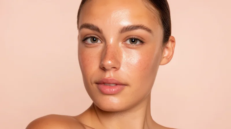Young woman with clear glowing skin in studio portrait against pink background