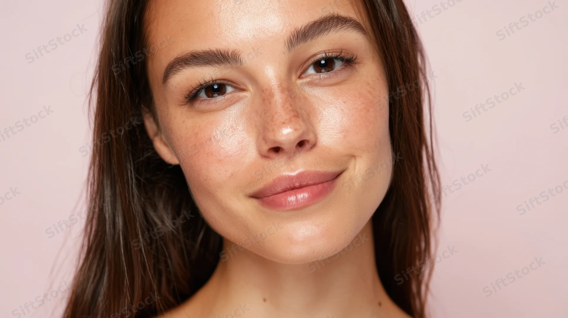 Closeup portrait of a young woman with natural glowing skin against a pink background