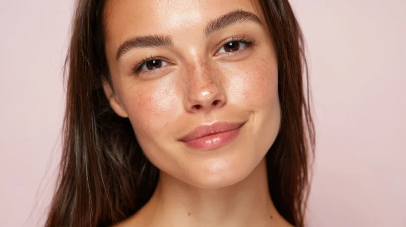 Closeup portrait of a young woman with natural glowing skin against a pink background