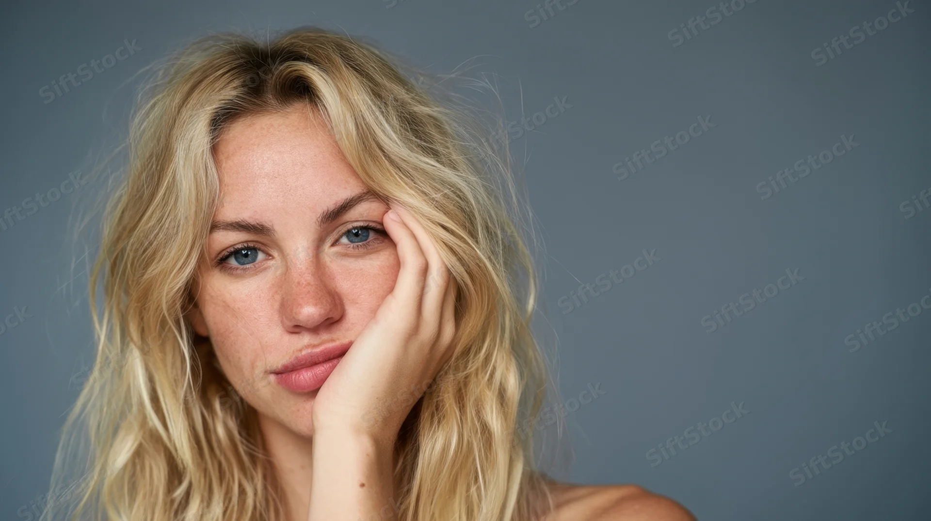 Young blonde woman resting her cheek on her hand in a studio portrait with soft lighting and neutral gray background