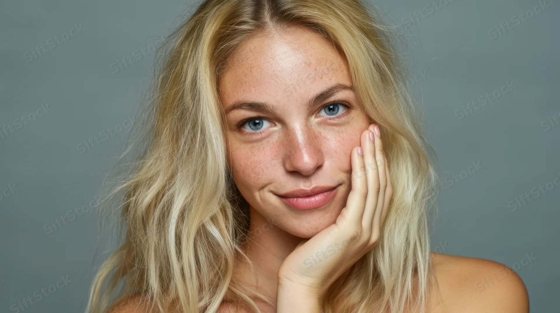 Young blonde woman smiling with hand on cheek in studio portrait