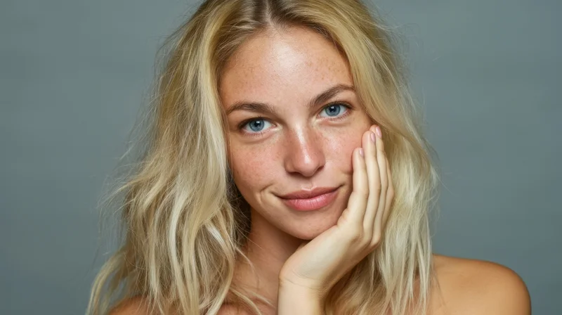 Young blonde woman smiling with hand on cheek in studio portrait