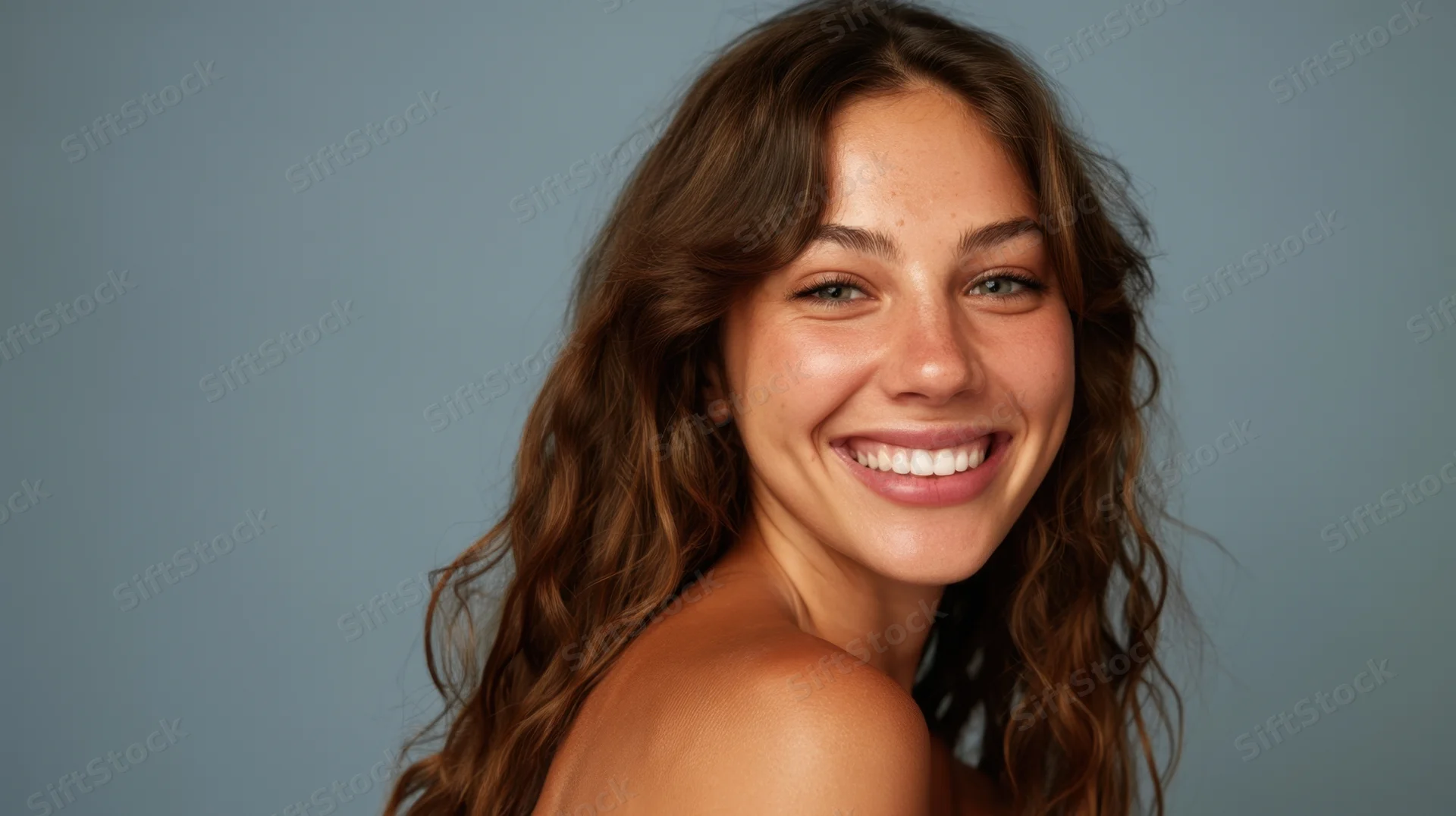 Young woman smiling with curly brown hair in a studio portrait