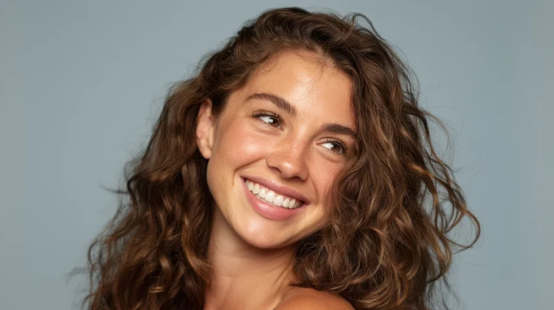 Young woman smiling with curly brown hair in studio portrait