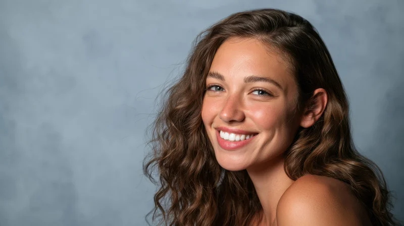 Young woman smiling with curly brown hair in a studio portrait